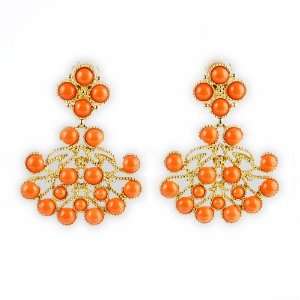  Kenneth Jay Lane Coral Cabochon Dangle Earrings Clip On 